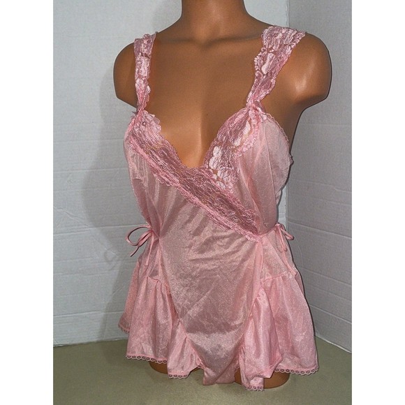 Vintage Silky pink w/ eyelet Babydoll lingerie teddy Romper bodysuit M - Picture 3 of 11